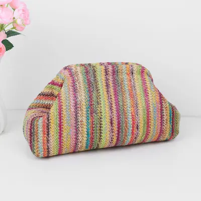 Imitation Straw Woven Cosmetic Bag, Rainbow Stripe, Large Capacity - 8