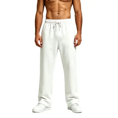 Men's Solid Color Drawstring Wide-Leg Pants, Autumn Winter Fleece - 7
