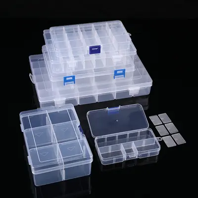 Unterteilte Kunststoff-Schreibtischaufbewahrungsbox 10 15 24 Fächer transparent mit Knöpfen Angelköder-Zubehör Schmuck Kosmetik Verpackungsbox