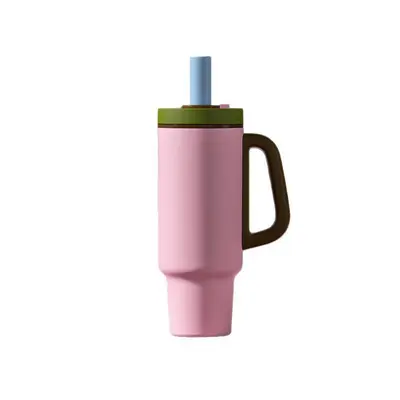 Insulated Ice Cup with One-Click Lid Opening, Ceramic Inner Liner Thermos Cup, With Handle, Portable Large Capacity, Car Use, Straw Water Bottle