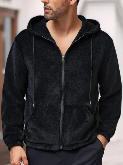 Solid color hooded zip coral fleece jacket for autumn and winter
