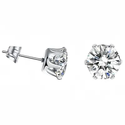 Stainless Steel Stud Earrings, Six-Claw, Zirconia Crown