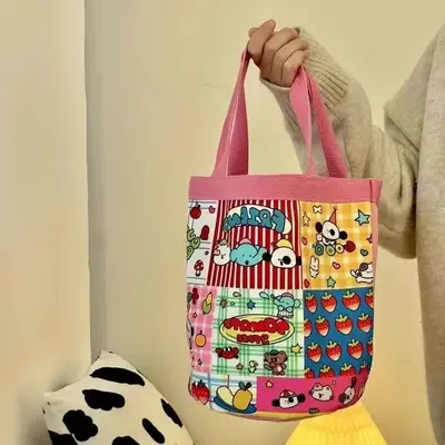 Printed Canvas Bucket Bag with Cartoon Illustration for Women - 13
