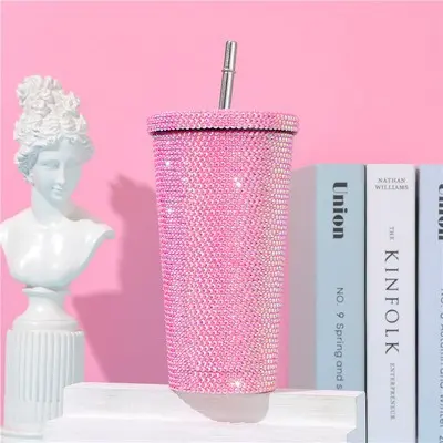 Doppelwandiger Edelstahlbecher mit Trinkhalm, Diamantbeschichtung, Geschenk - 5