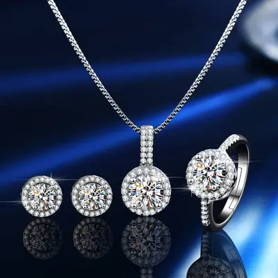 S925 Sterlingsilber Moissanit Ring Ohrring Halskette Set - 7