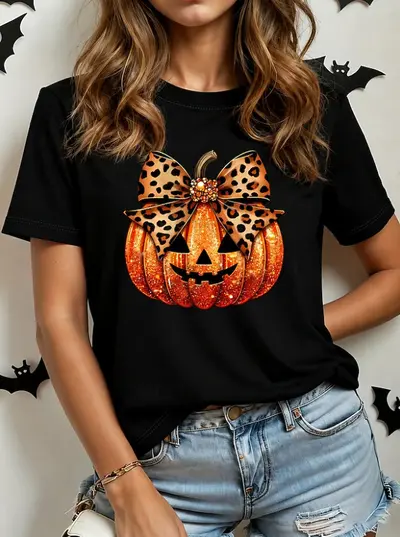 Cadılar Bayramı balkabağı baskılı kadın kısa kollu T-shirt