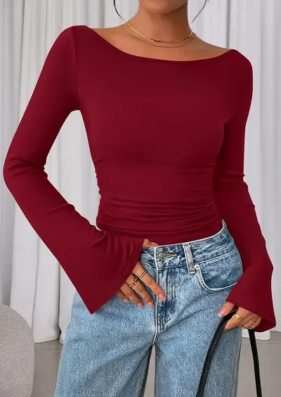 Kadın örme üst, sonbahar çan detaylı uzun kollu, slim fit fırfırlı kazak - 11