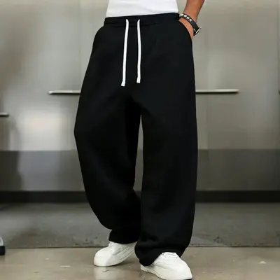 Cross-border Europe and America Men's High-Waist Drawstring Drape Floor-Length Casual Straight-Leg Pants, Versatile Loose Wide-Leg Sports Sweatpants