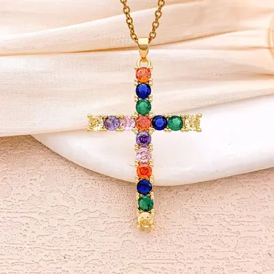 Kreuz-Halskette mit farbigen Zirkonia, Damen-Modeschmuck - 8