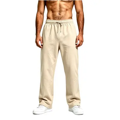 Men's Solid Color Drawstring Wide-Leg Pants, Autumn Winter Fleece - 8