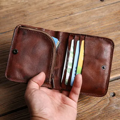 Handgefertigte Herrenbrieftasche, kurz, Hochformat, Leder - 3