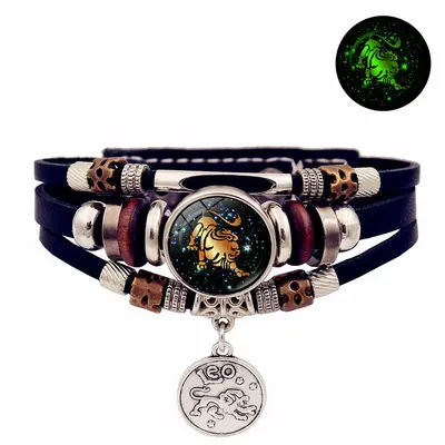 Luminous 12 Zodiac Leather Bracelet, Handmade Multi-Layer Beaded Couple Gift