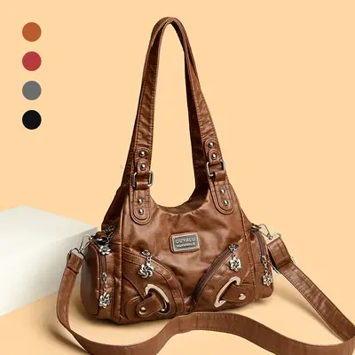 Soft Leather Retro Rivet Shoulder Bag, Large Capacity