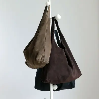 Genuine Leather Tote Bag with Suede Look, Large Capacity, Single Shoulder