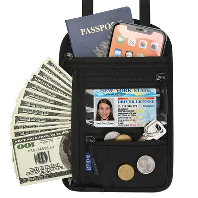 RFID neck wallet for travel documents and passport