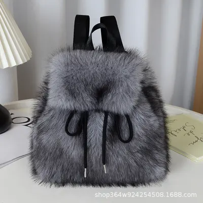 Faux Fox Fur Women's Backpack with Drawstring and Magnetic Flap - 12