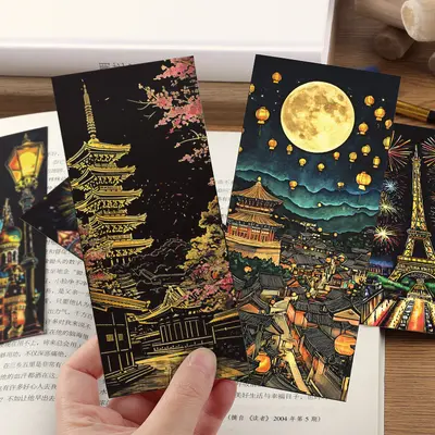 Scratch-off colourful city night scene bookmark, handmade DIY gift - 4