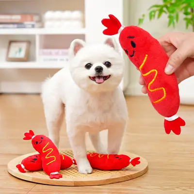 Sesli peluş köpek oyuncağı, nakışlı sosisli sandviç tasarımı, ısırmaya dayanıklı