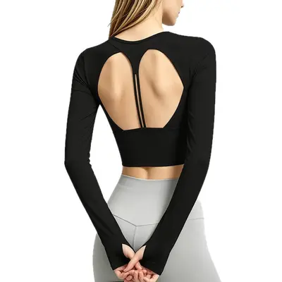 Women's fitness yoga top long sleeve open back - 5