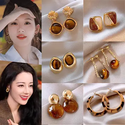 爆款美拉德复古咖色耳环女港风轻奢气质高级感耳圈网红同款耳饰品