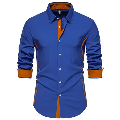 Men's Contrast Color Long-Sleeve Shirt, Spring and Autumn, Triangle Collar - 10
