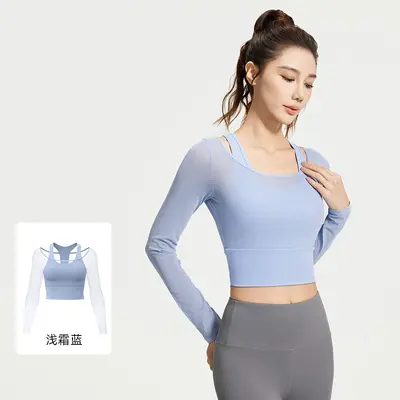 Women's Yoga Top, Fake Two-Piece, Chest Pads, Long Sleeve Mesh Pilates Wear - 9