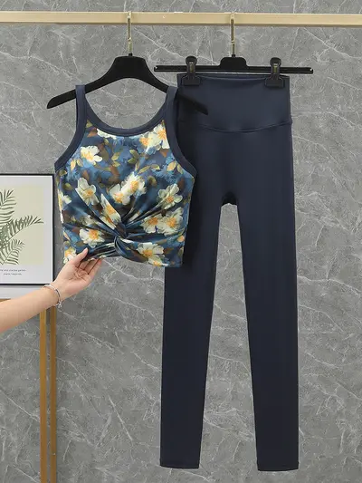 Kadın Kaldırıcı Yoga Pantolonu, Baskılı İki Parça Pilates Fitness Takımı