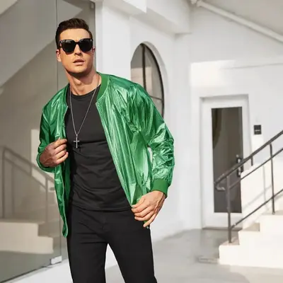 Men's Glossy Metallic Zip-Up Jacket, 70s Disco Style