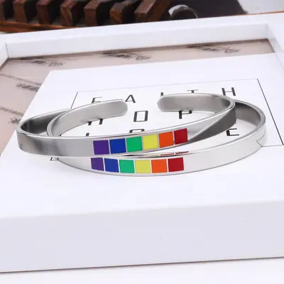 Stainless steel rainbow C-shaped open bangle 6MM - 2