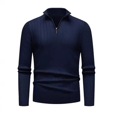 Men's Long Sleeve Knit Sweater, Half Turtleneck, Zipper, Vertical Stripes
