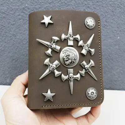 Punk Perçinli Gerçek Deri Erkek Cüzdan, Kısa Model, Çıtçıtlı - 5