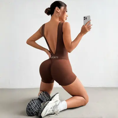 Yoga-Einteiler mit tiefem V-Ausschnitt, figurformend, kurz, eng anliegend, für Damen - 4