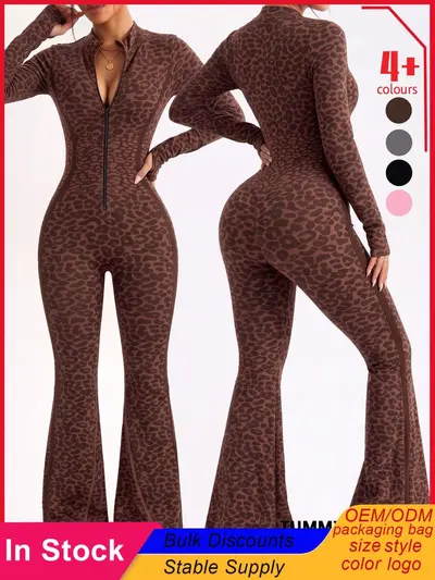 Kadın Leopar Desenli Deep V Yaka Yoga Tulumu, Fermuarlı - 1