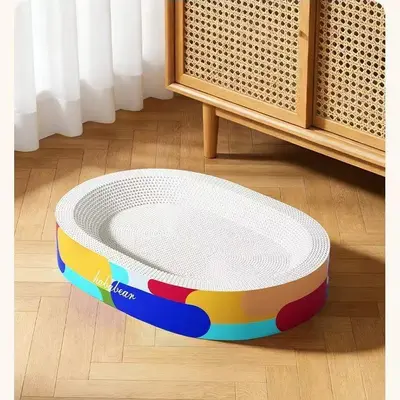 Katzenkratzbrett mit Katzenhöhle aus Weißkarton, 2-in-1, oval und rund