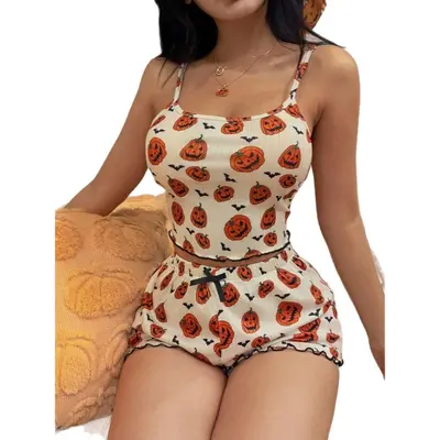 Women's Pumpkin Print Bow Suspender Shorts Set, 2-Piece Homewear