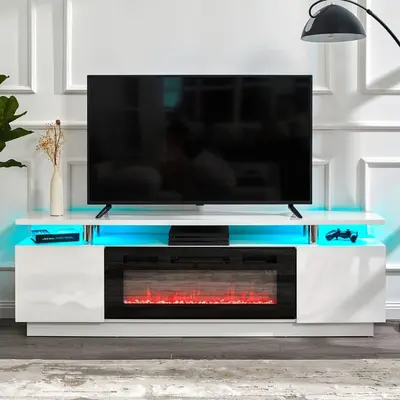 Mirrored White Fireplace TV Stand with LED Lights, Panel Furniture