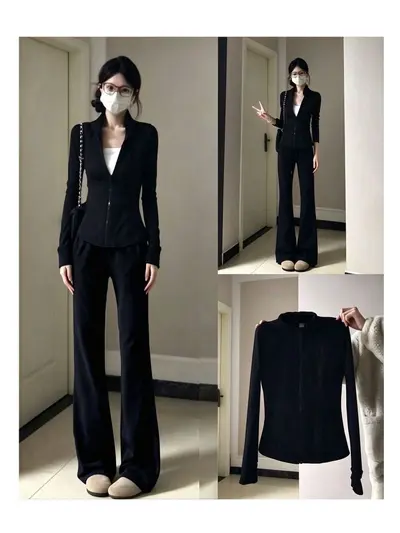 早秋大码新款瑜伽服套装女收腰长袖外套弹力微喇长裤跑步健身套装 - 3