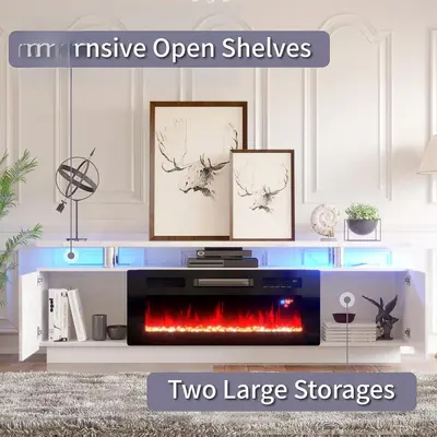 Mirrored White Fireplace TV Stand with LED Lights, Panel Furniture
