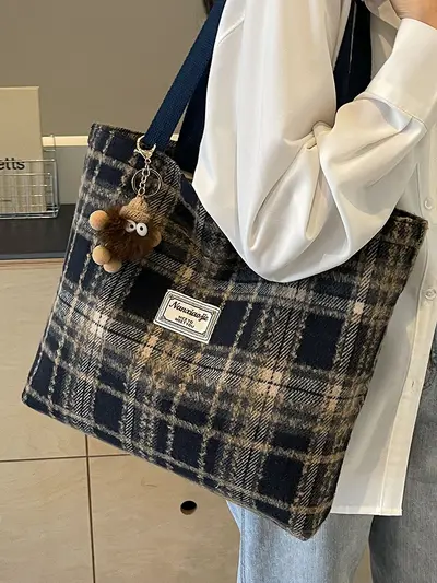 Large Capacity Plaid Bag 2026 New Autumn and Winter Woolen Plaid Shoulder Bag High-End Versatile Tote Bag