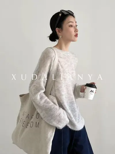 Pullover aus Alpaka- und Schafwolle, V-Ausschnitt, Rauchmelange-Garn - 5