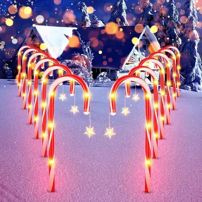 Solar LED Christmas Candy Cane Light String, Lawn Snowflake Stake Light - 8