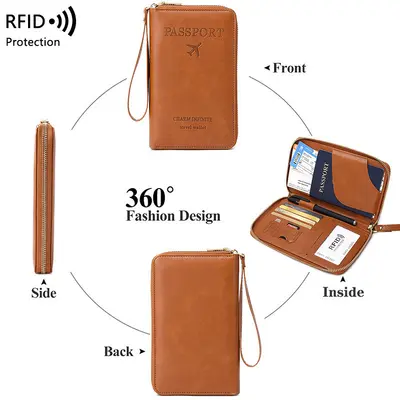 RFID Protected Long Passport Wallet with Zipper, Ticket and Document Bag