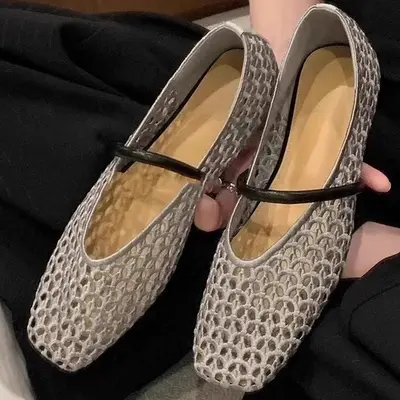 Retro Woven Roman Square Toe Women's Flat Shoes, Single Strap, Cut-Out Design