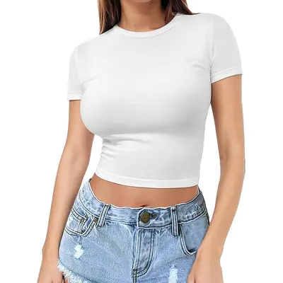 Cross-border European and American style crop top t-shirt hot girl summer sweater women's slim round neck fashion milk silk short sleeve - 7