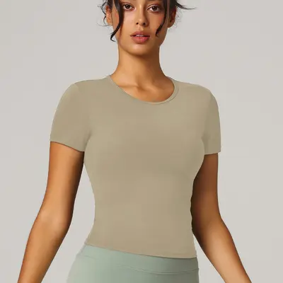 瑜伽服女新款短袖修身显瘦高级感运动上衣普拉提训练服跑步健身服 - 12