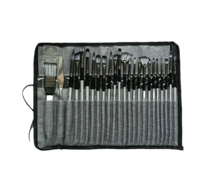 Cross-border Wholesale Nylon Hair Paint Brush Set for Art Students Gouache Watercolor Acrylic Oil Painting Brushes 24-Piece Set with Canvas Bag