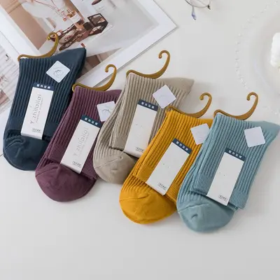 Women's Socks Double Needle Long Tube Mid-Thick Autumn Winter Lined Cotton Pure Color Women's Socks Stock Wholesale Supermarket Stall Cotton Socks