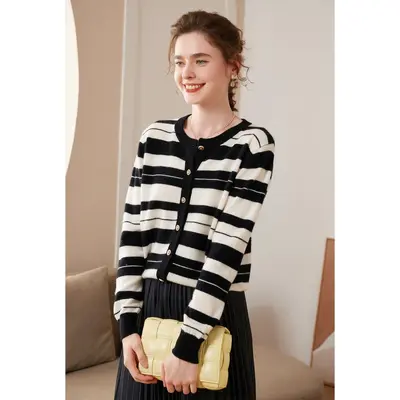 Women's Striped Cashmere-Style Round Neck Knit Sweater