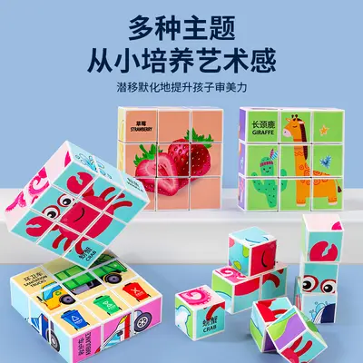 新品早教磁力积木方块拼图六面画益智动物卡通立体拼图宝宝玩具