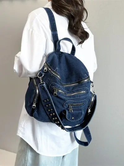 Women's American Denim Backpack, Multi-Pocket, Motorcycle Style